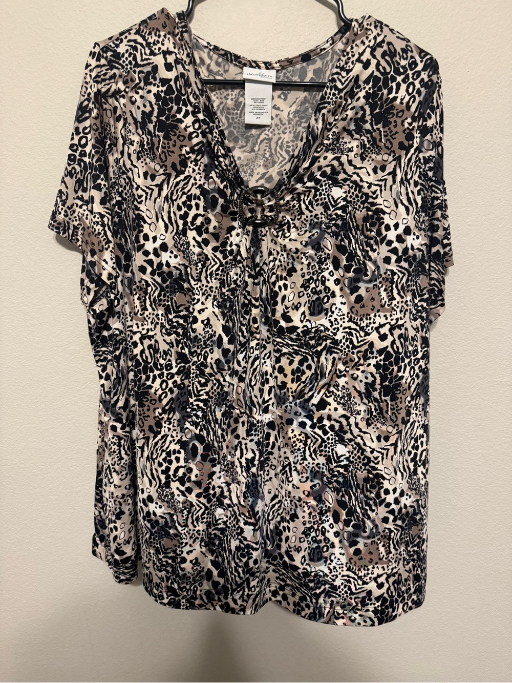 Animal Print Short Sleeve Blouse - Beige/Black by Sandra Darren